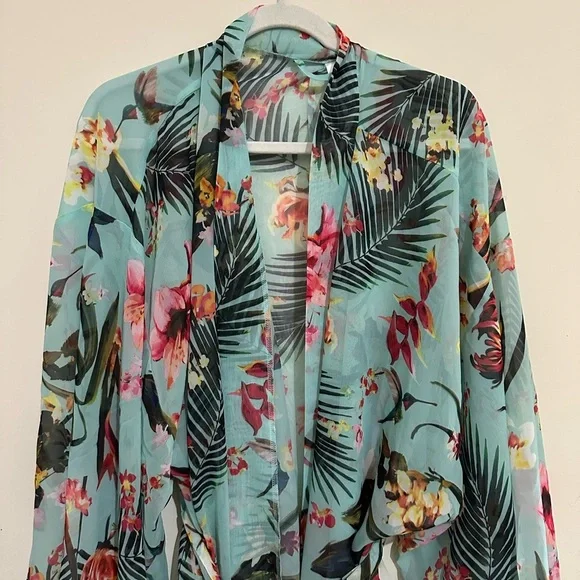 Cacique Lane Bryant 18/20 Sheer Blue Floral Tropical Robe - Picture 2 of 6